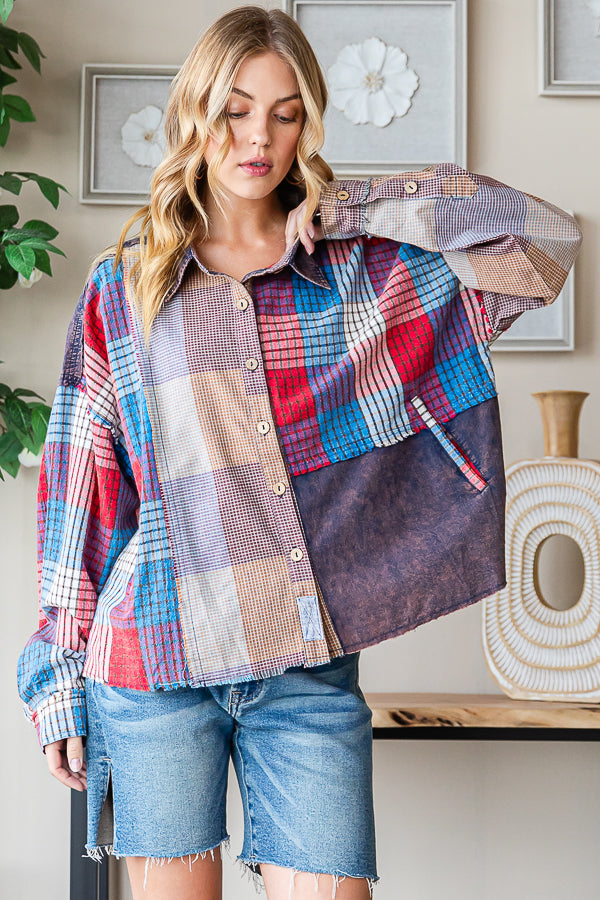 WASHED MULTICOLOR PLAID MIXED LONG SLEEVE SHIRT