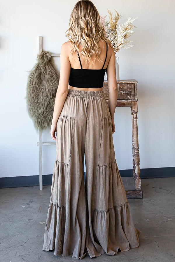 MINERAL WASHED TIERED BOHO WIDE LEG CASUAL PANTS
