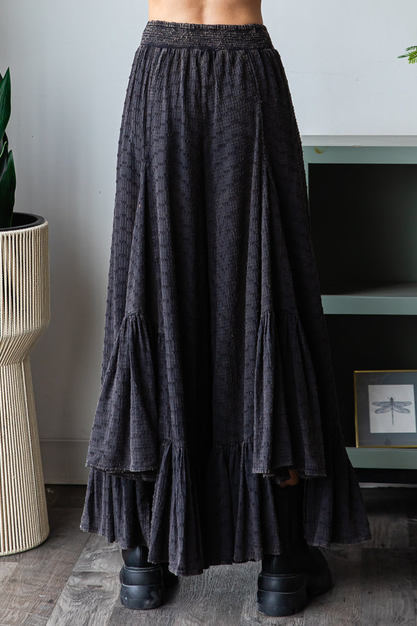WASHED WIDE LEG RUFFLED HEM PANTS