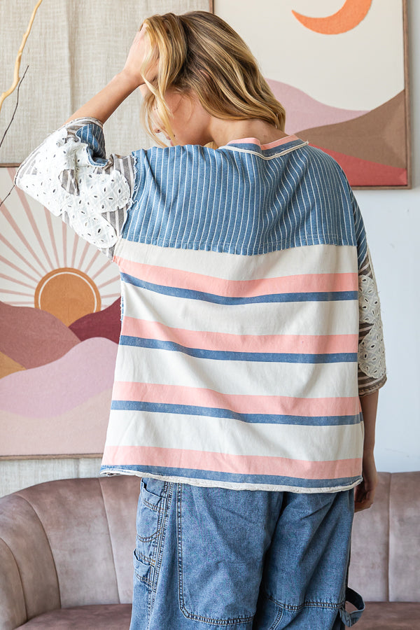 WASHED FLOWER PATCHWORK MULTI STRIPED TOP