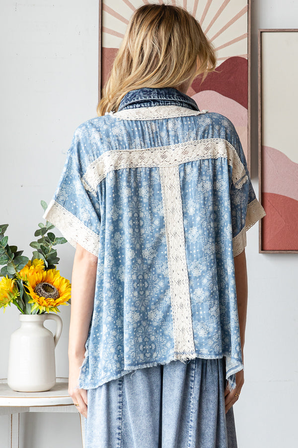 WASHED CROCHET PATCHWORK BUTTON DOWN SHIRT