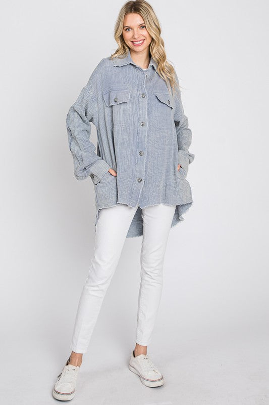 WASHED DOUBLE GAUZE BUTTON FRONT OVERSIZED SHACKET