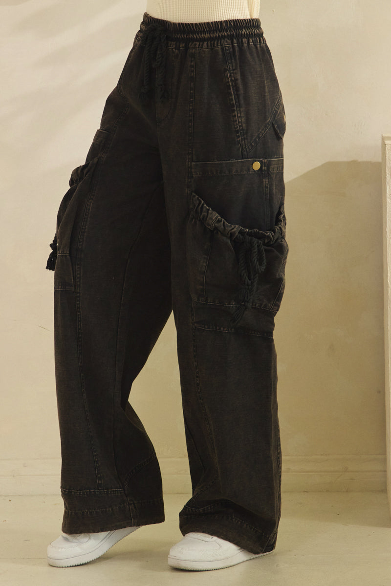 WASHED ELASTIC WAIST STRING POINT BIG POCKET PANTS