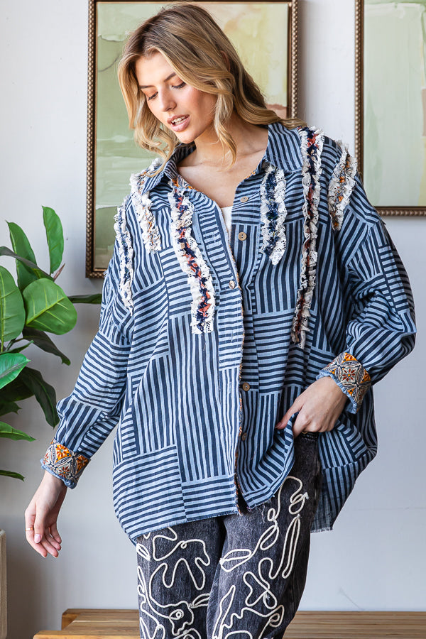 RUFFLE CONTRAST DETAIL STRIPED BUTTON DOWN SHIRT