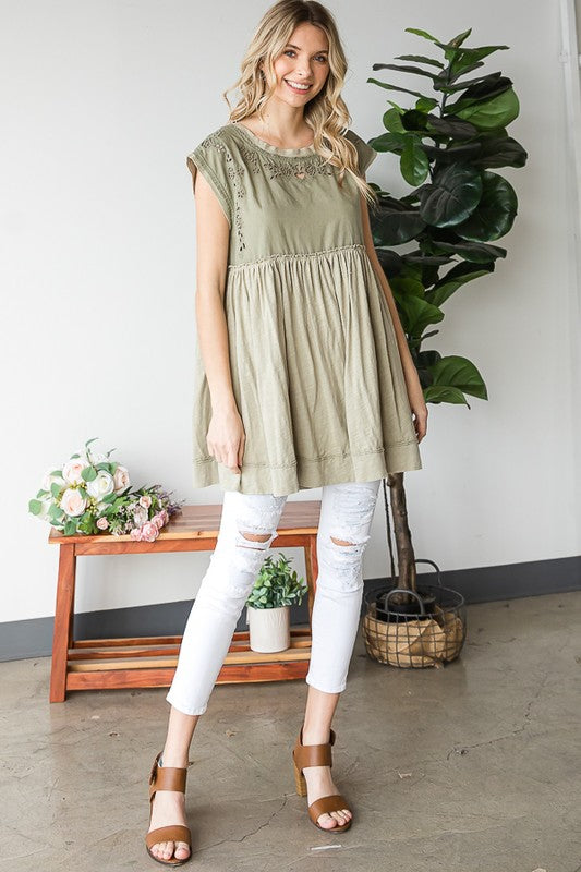 MINERAL WASHED EMBROIDEY PEPLUM TUNIC TOP