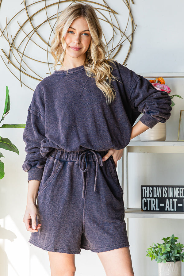 WASHED SCOOP BACK LONG SLEEVE ROMPER