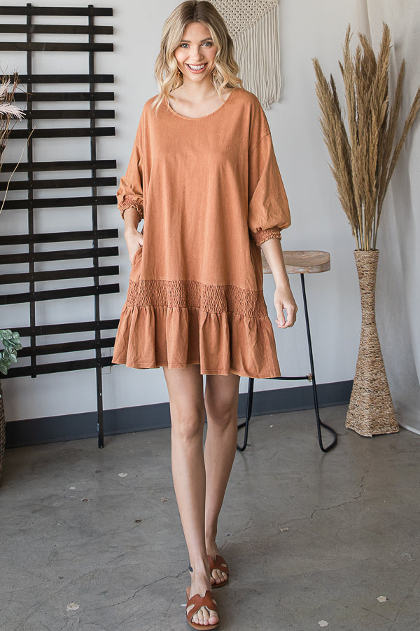 WASHED SMOCK DETAIL FLARE HEM OPEN BACK DRESS