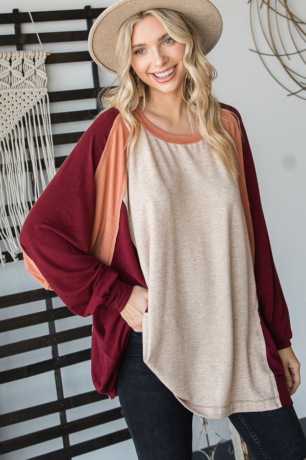 COLORBLOCK ROUND NECK LONG SLEEVE OVERSIZED TOP