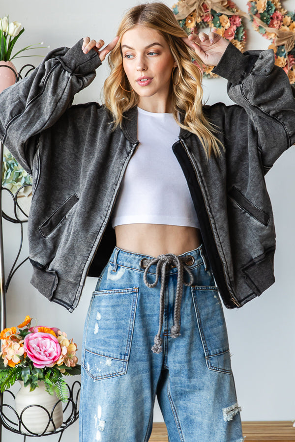 MINERAL WASHED ZIPPER FRONT BOMBER JACKET