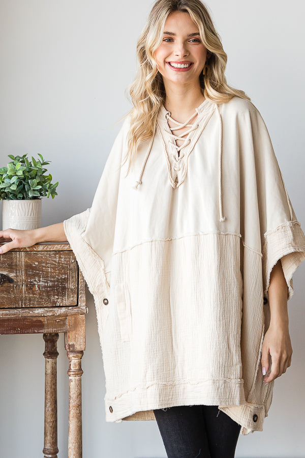 WASHED HOODED BUTTON DETAIL PULLOVER PONCHO