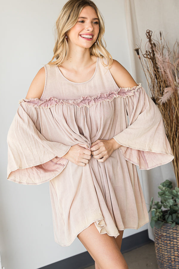 WASHED COLD SHOULDER RUFFLE DETAIL TUNIC TOP