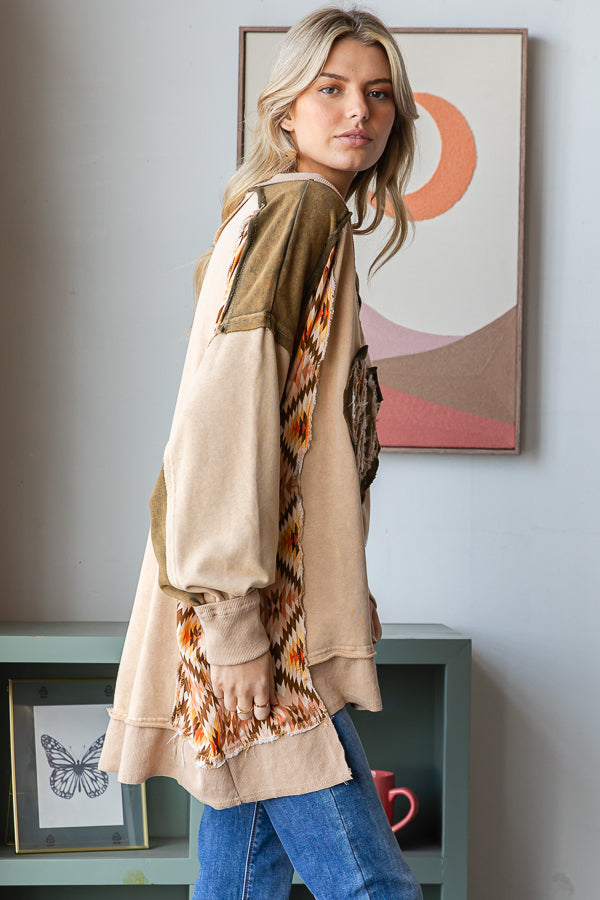 WASHED LOVE HEART PATCHWORK PULLOVER TOP