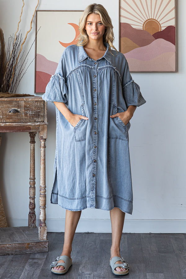 WASHED BUBBLE SHORT SLEEVE TENCEL SHIRT MIDI DRESS