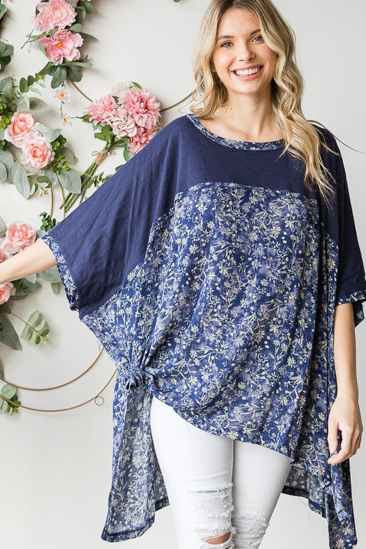 CONTRAST YOKE PRINTED SHORT SLEEVE OVERSIZED TOP