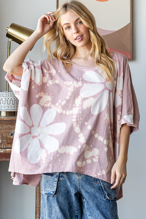 WASHED BIG FLOWER PRINTED OVERSIZED TEE