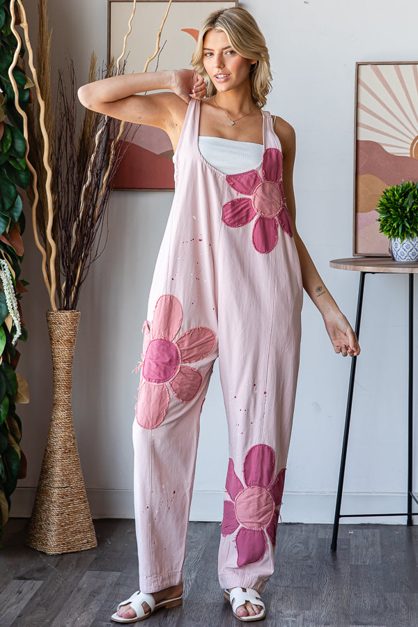WASHED BIG FLOWER PATCHWORK OVERALL