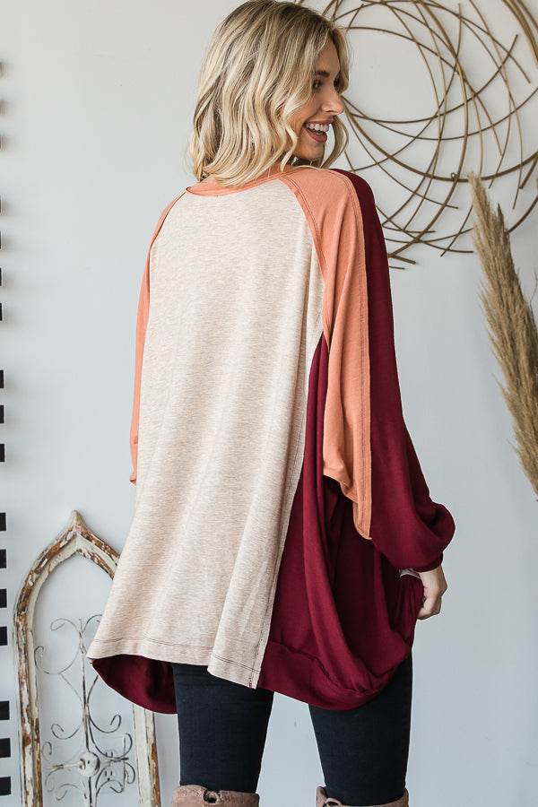 COLORBLOCK ROUND NECK LONG SLEEVE OVERSIZED TOP