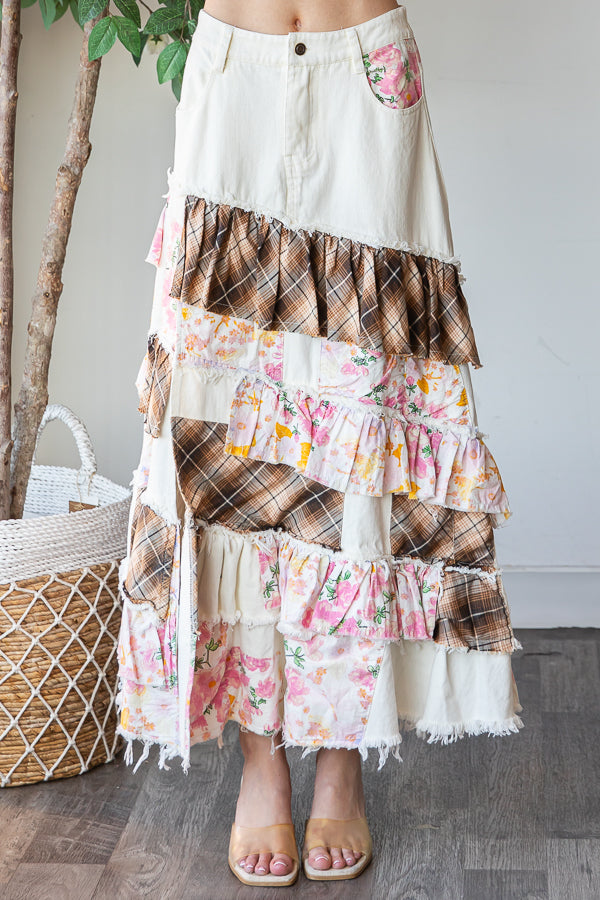 WASHED PLAID FLOWER PATCHWORK SLIT MAXI SKIRT
