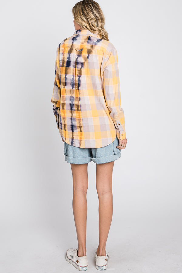 BLEACHED MULTI COLOR PLAID BUTTON DOWN SHIRT