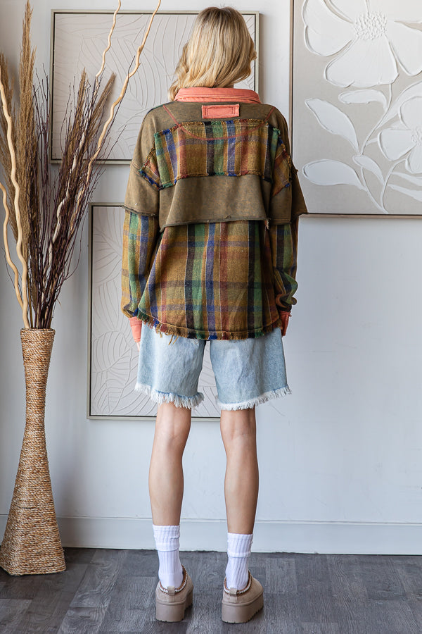 MIX MEDIA COLLARED NECK FRAY HEM LONG SLEEVE SHIRT