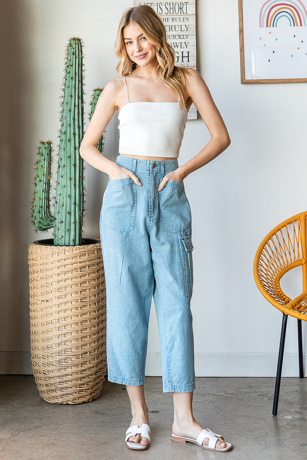 WASHED POCKETS HIGH WAIST CARGO PANTS