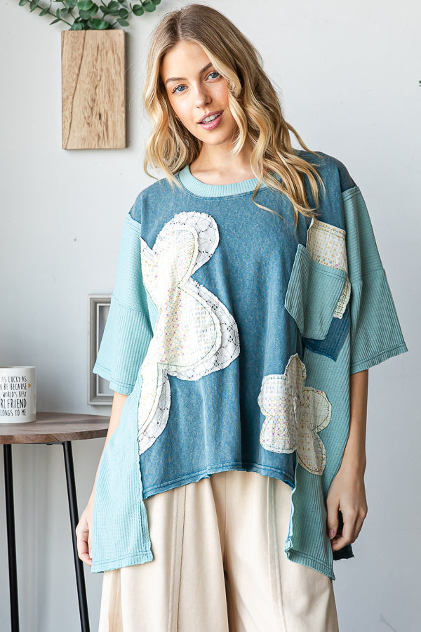 WASHED FLOWER PATCHWORK SHORT SLEEVE TOP