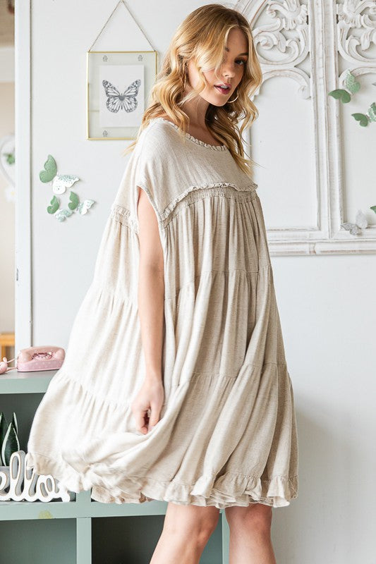 WASHED TIERED RUFFLE HEM BABYDOLL MINI DRESS