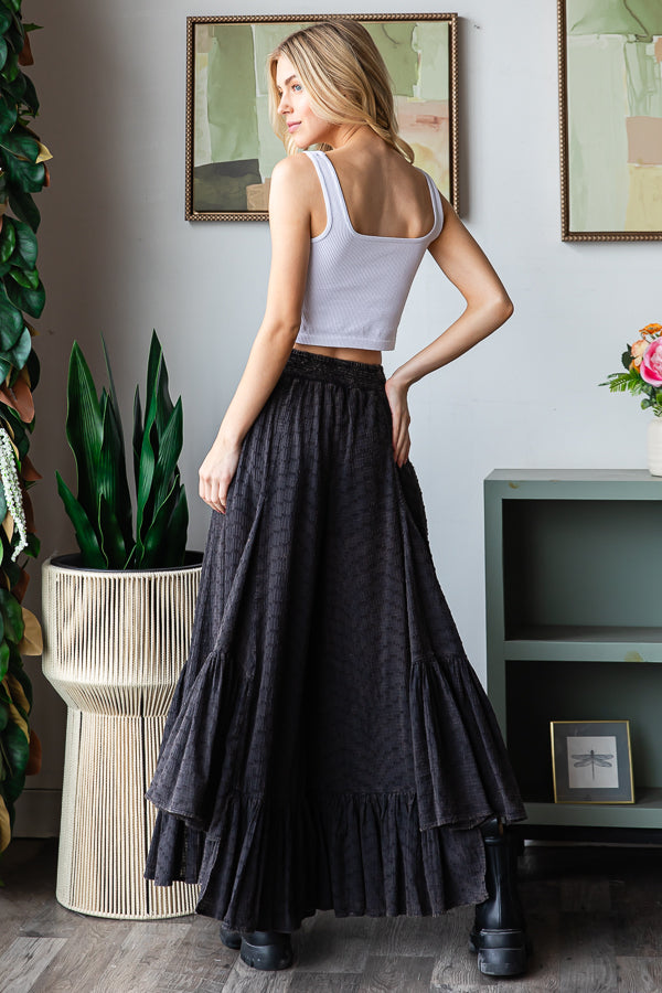 WASHED WIDE LEG RUFFLED HEM PANTS