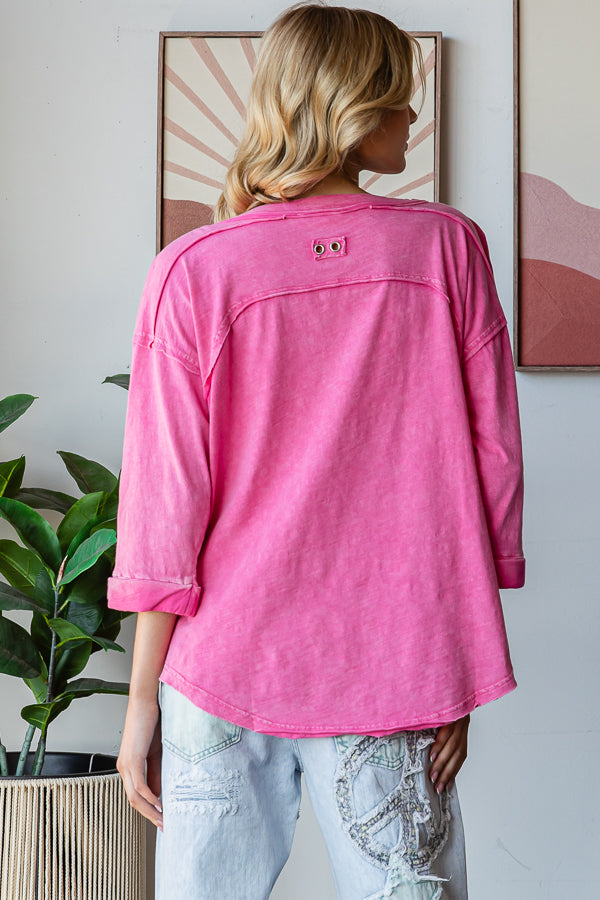 SMOCKED FRONT HENLEY NECK OVERSIZED TOP