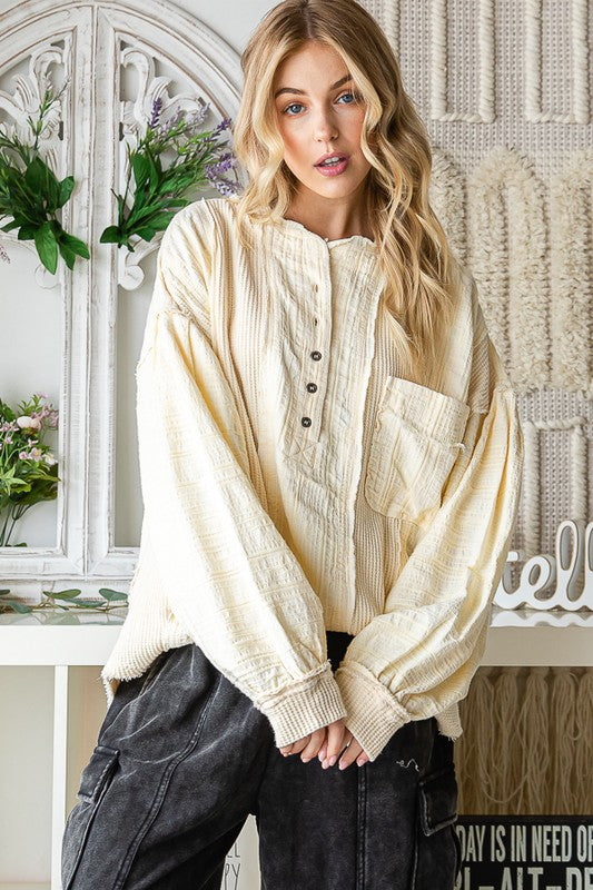 WASHED MANDARIN COLLAR BUTTON OVERSIZED TOP