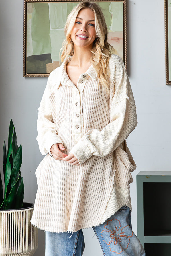 WASHED COLLARED NECK LONG SLEEVE WAFFLE TOP