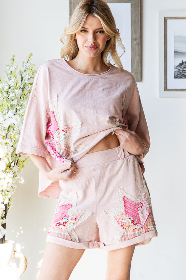 MULTI PRINT STAR PATCHWORK TOP SHORT TWO PIECE SET