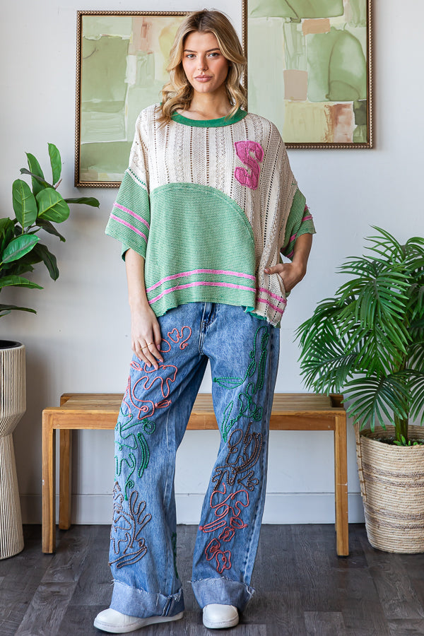 WASHED COLORBLOCK SWEATER KNIT DROP SHOULDER TOP