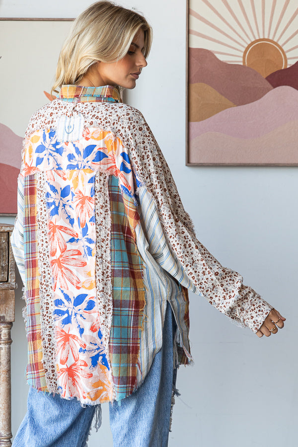 WASHED PRINT MIXED BUTTON DOWN SHIRT