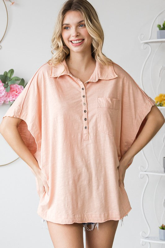 WASHED COLLARED V NECK SHORT SLEEVE OVERSIZED TOP