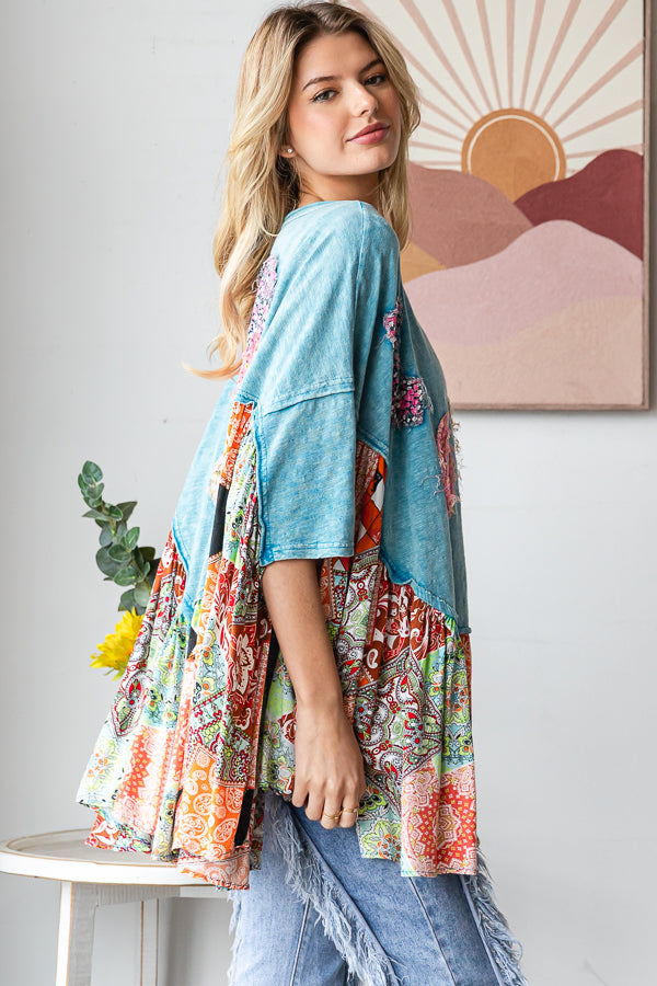WASHED ROUND NECK LOVE PATCHWORK RUFFLE HEM TOP