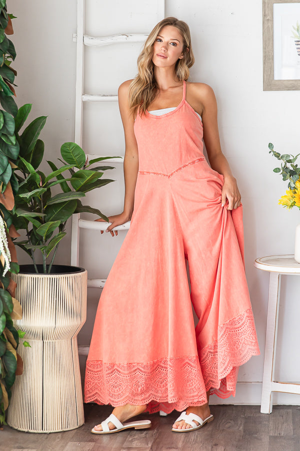 WASHED KEYHOLE BACK DETAILED WIDE LEG ROMPER