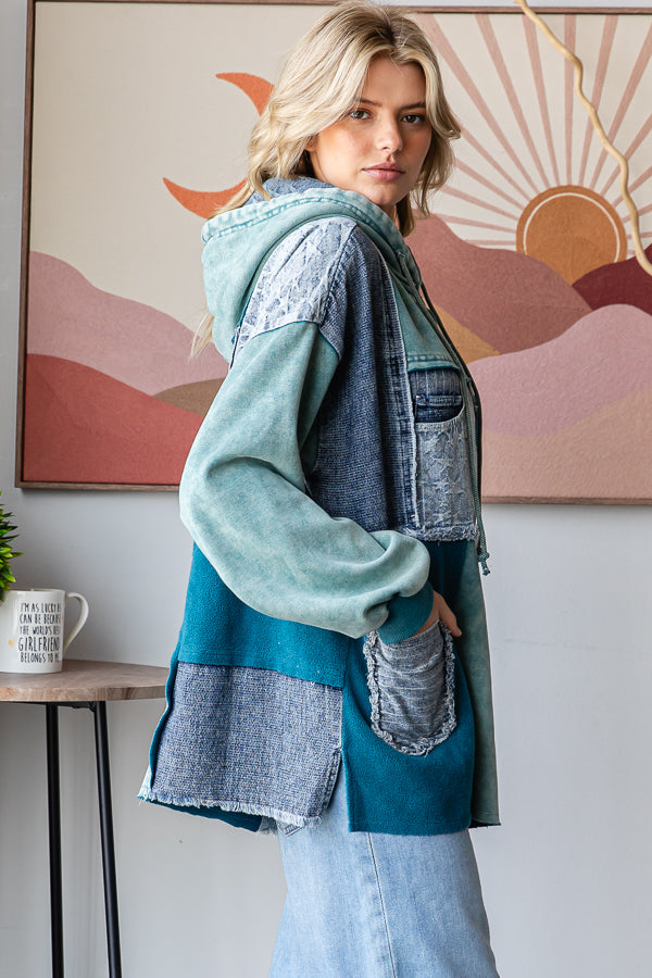 WASHED PATCHWORK DENIM HOODED PULLOVER TOP
