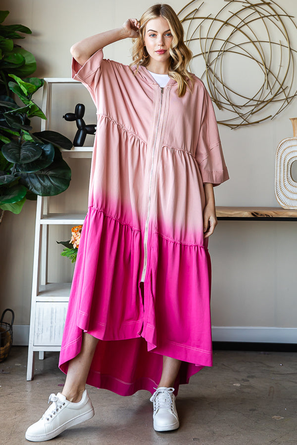 DIP DYE SHORT SLEEVE HOODED ZIP UP LONG CARDIGAN