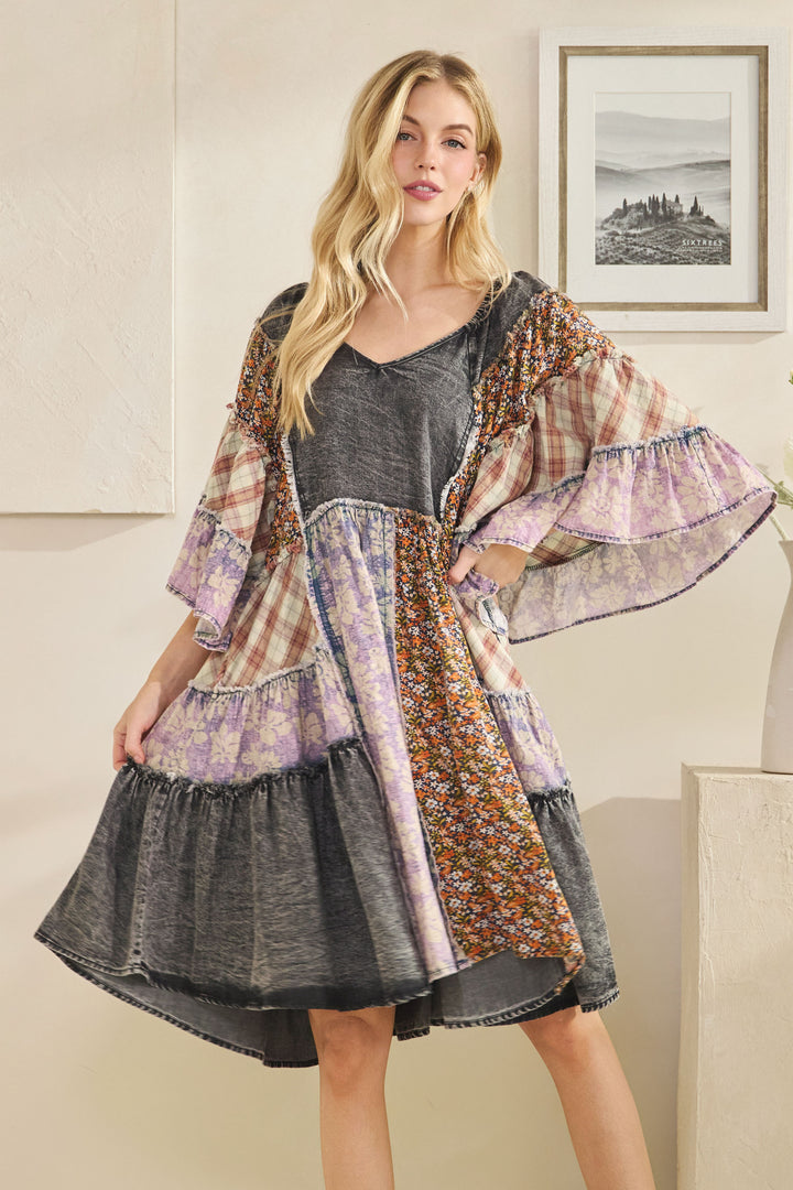 WASHED MIX PRINTED TIERED RUFFLE TUNIC TOP