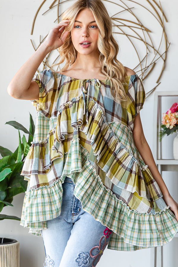 PLAID PATTERN RUFFLE SHORT SLEEVE BABYDOLL TOP