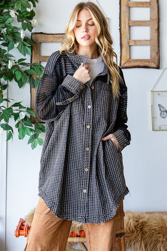 WASHED MIX MEDIA LONG SLEEVE FRAYED HEM SHIRT