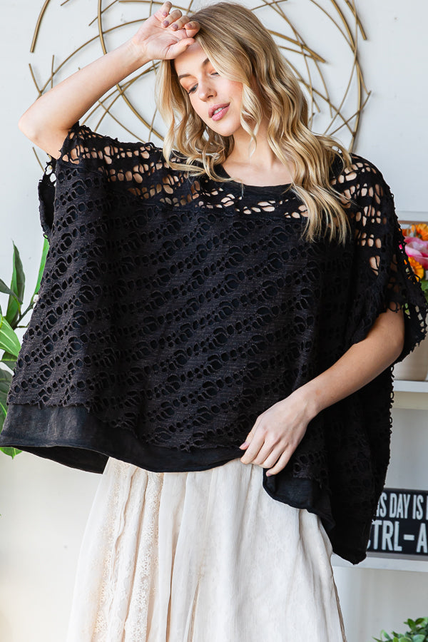 WASHED CROCHET LAYERED KNIT TOP