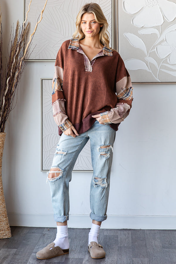 WASHED PATCHWORK COLLARED V NECK PULLOVER TOP
