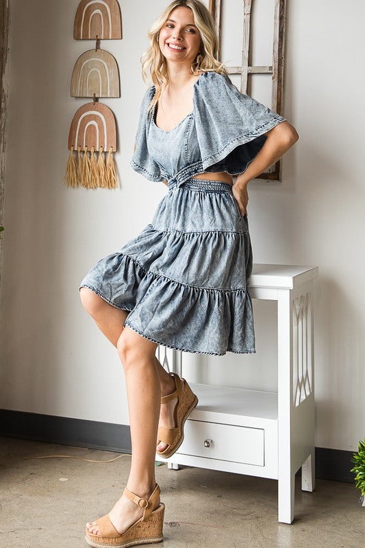 WASHED CROSS CUTOUT TIERED TENCEL MINI DRESS