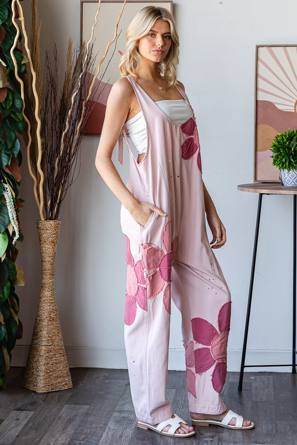 WASHED BIG FLOWER PATCHWORK OVERALL