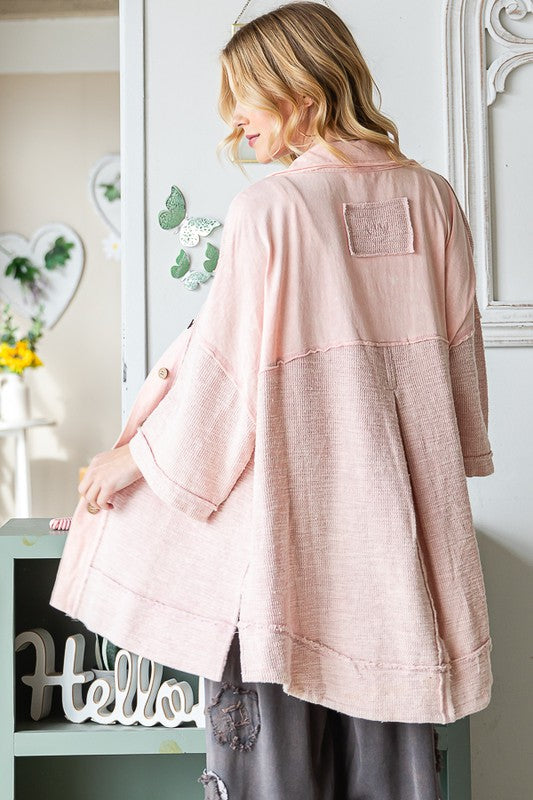 WASHED MIX MEDIA COLLAR NECK OVERSIZED SHIRT