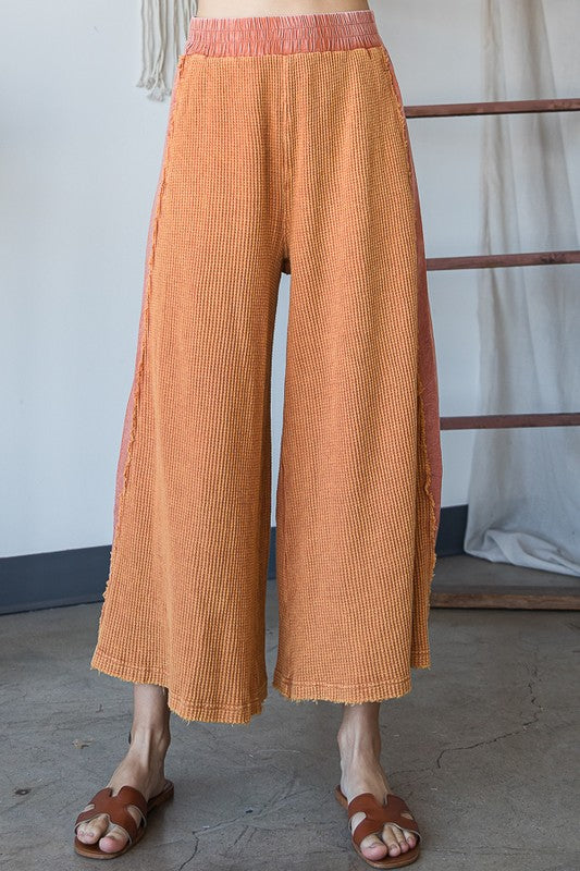 WASHED ELASTIC WAIST BAND WIDE LEG CROPPED PANTS