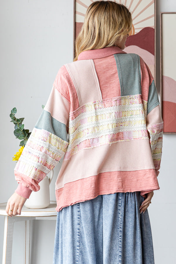 WASHED MIXED FABRIC BUTTON COLLAR LONG SLEEVE TOP