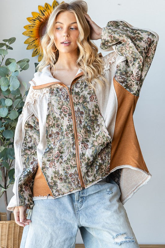 LACE YOKE LONG SLEEVE ZIP CLOSURE HOODED JACKET